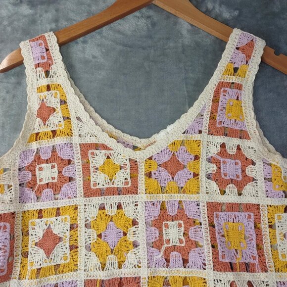 Boho Crochet Granny Square Tank Top Women's Yellow XS Rebellion Signature Knit - Picture 6 of 9